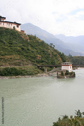 river and fortress (dzong) in wangdue phodrang (bhutan)
 photo