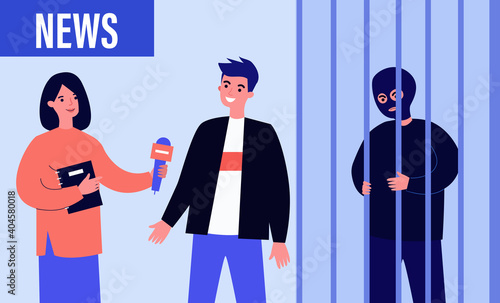 Journalist making crime report. Guy telling newscaster about his help in catching criminal. Flat vector illustration. Broadcasting, news concept for banner, website design or landing web page