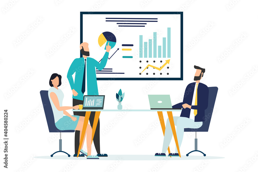 Strategy. Team discusses about business strategy. Vector illustration Strategy. Team discusses about business strategy. Vector illustration