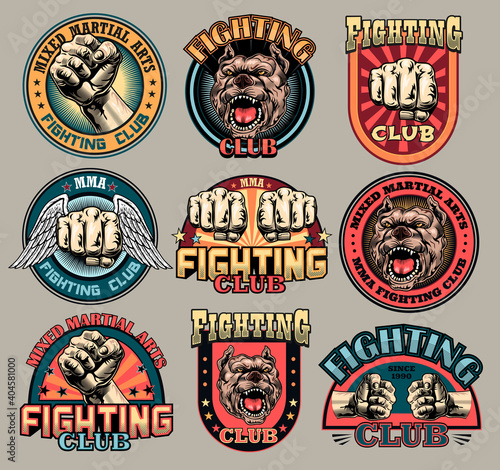Fight club with fist flat labels set. Boxing and fighting club emblem with angry dog or muscular arm isolated vector illustration collection. Kickboxing, sport, arts and design elements concept
