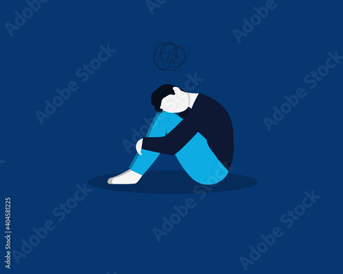 Depressed male character sitting on the floor and hugging his knees in the dark room, a cartoon scribble above his head. Mental health concept. Vector illustration in flat style