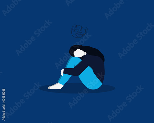 Depressed female character sitting on the floor and hugging her knees in the dark room, a cartoon scribble above her head. Mental health concept. Vector illustration in flat style