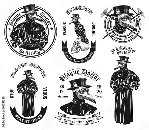 Monochrome plague doctor in costume vector illustration set. Vintage ancient physician in overcoat and mask with beak shaped nose. Medicine and pandemic concept can be used for stickers and badges