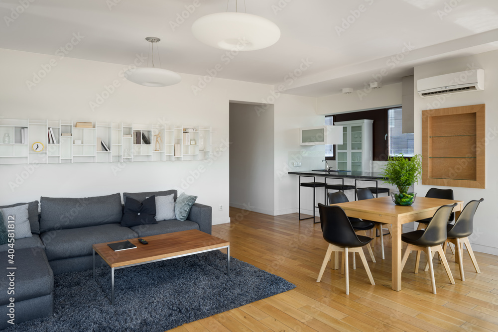 Fototapeta premium Spacious living room with wooden details