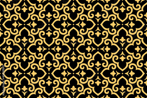 Flower geometric pattern. Seamless vector background. Gold and black ornament. Ornament for fabric, wallpaper, packaging. Decorative print