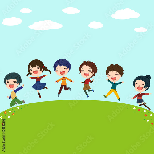青い空の草原でジャンプする8人の子供たちのイラスト
