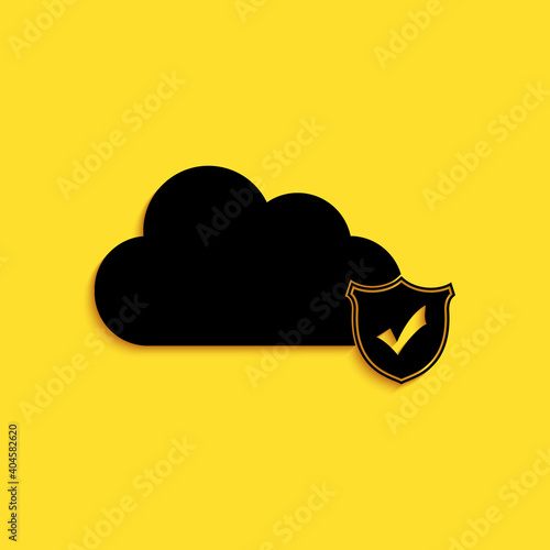 Black Cloud and shield with check mark icon isolated on yellow background. Cloud storage data protection. Security, safety, protection, privacy. Long shadow style. Vector.