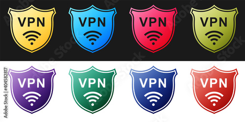 Set Shield with VPN and WiFi wireless internet network icon isolated on black and white background. VPN protect safety. Virtual private network for security. Vector.