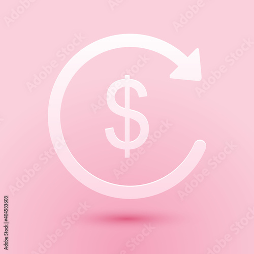 Paper cut Refund money icon isolated on pink background. Financial services, cash back concept, money refund, return on investment, currency exchange. Paper art style. Vector.