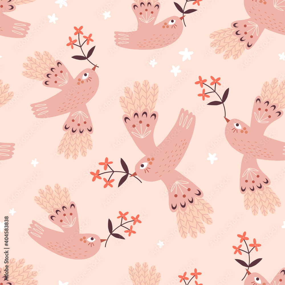 Peace bird fly with flower seamless vector pattern Spring Ornate folk bohemian aesthetic Easter background design Peace bird fly with flower seamless vector pattern Spring Ornate folk bohemian aesthetic Easter background design