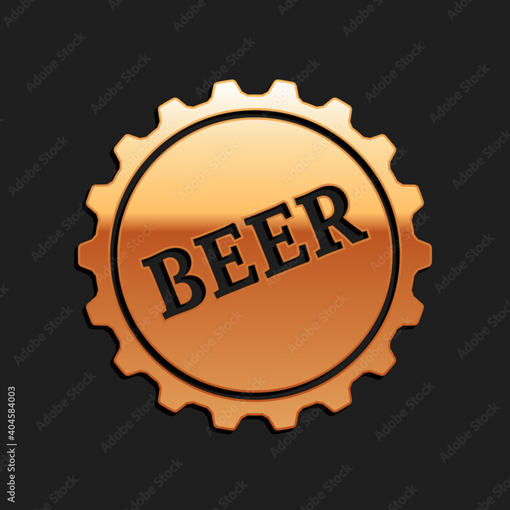 Gold Bottle cap with beer word icon isolated on black background. Long shadow style. Vector. Gold Bottle cap with beer word icon isolated on black background. Long shadow style. Vector.