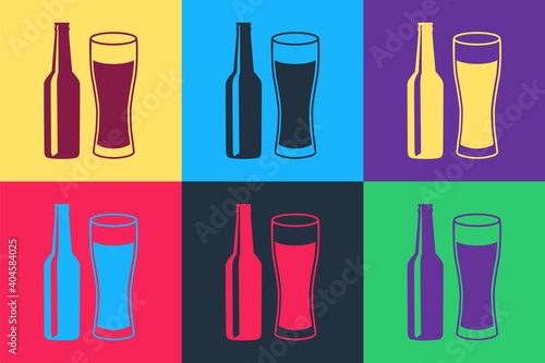 Pop art Beer bottle and glass icon isolated on color background. Alcohol Drink symbol. Vector.