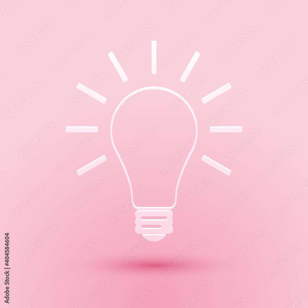 Paper cut Light bulb with rays shine icon isolated on pink background. Energy and idea symbol. Lamp electric. Paper art style. Vector. Paper cut Light bulb with rays shine icon isolated on pink background. Energy and idea symbol. Lamp electric. Paper art style. Vector.