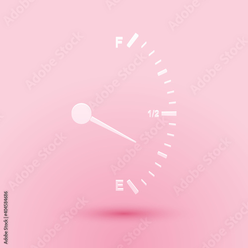 Paper cut Motor gas gauge icon isolated on pink background. Empty fuel meter. Full tank indication. Paper art style. Vector.