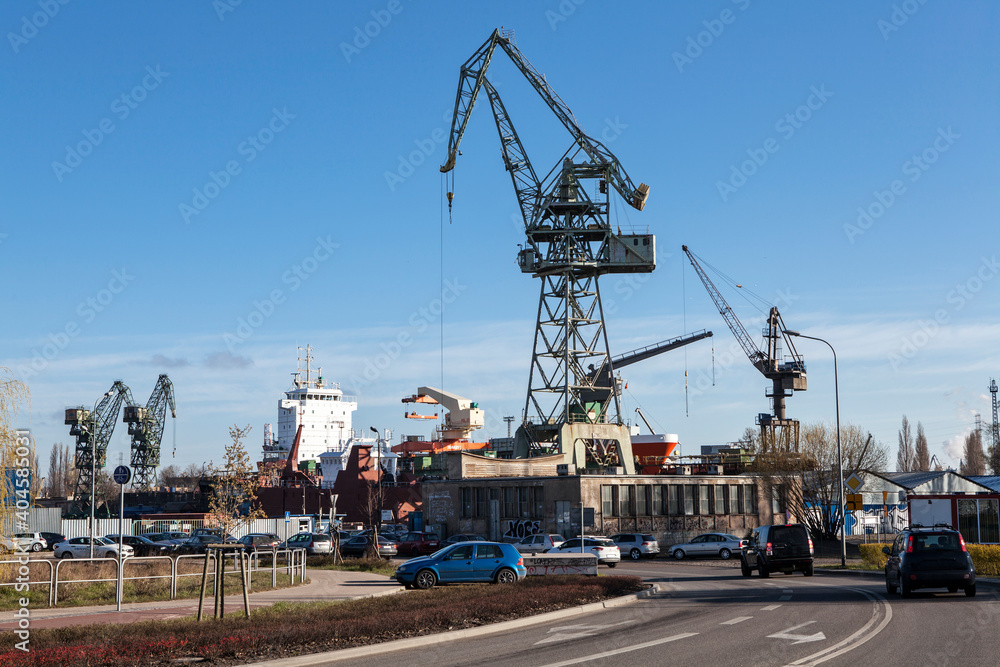 Cranes in the shipyard of Gdansk, Poland.