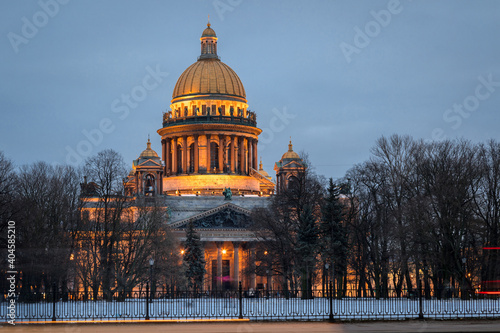 view of St. Isaac's Cathedral in St. Petersburg in the evening