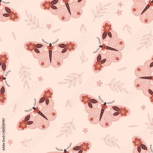 Floral folk art butterfly vector seamless pattern. Boho decorative moth background design for textile fabric print 