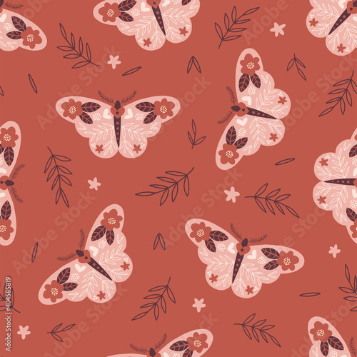 Floral folk art butterfly vector seamless pattern. Boho decorative moth background design for textile fabric print 