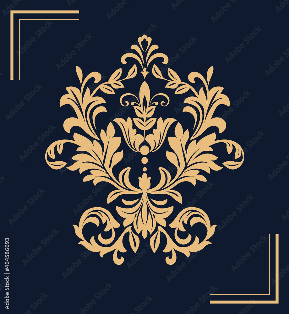 Damask graphic ornament. Floral design element. Dark blue, and gold vector pattern Damask graphic ornament. Floral design element. Dark blue, and gold vector pattern