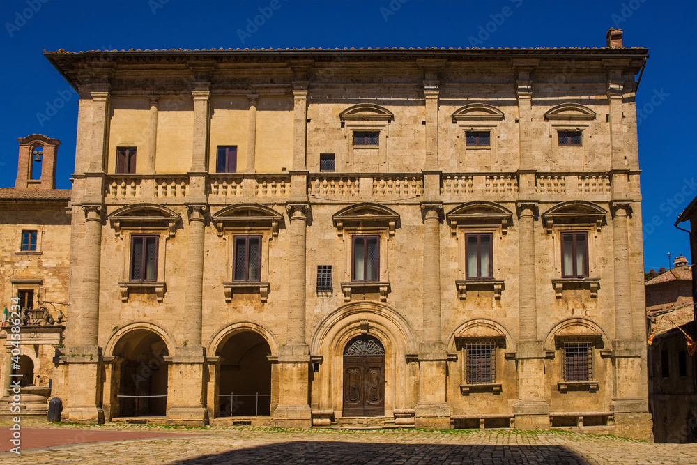 The historic Palazzo Nobili-Tarugi palace in Piazza Grande in the medieval town of Montepulciano in Siena Province, Tuscany, Italy
