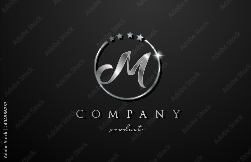 M silver metal alphabet letter logo for company and corporate in grey color. Metallic star design with circle. Can be used for a luxury brand
