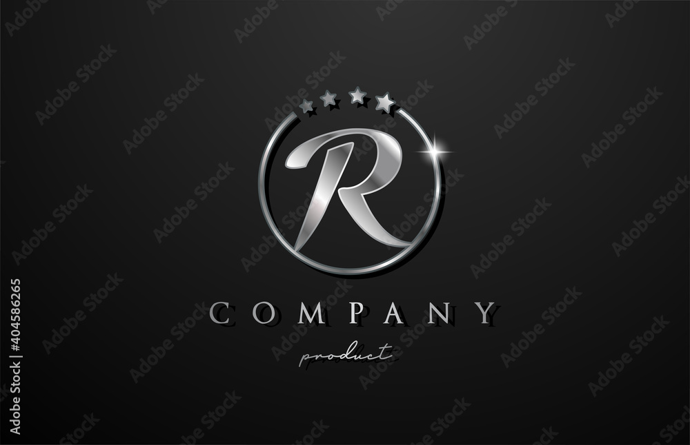 R silver metal alphabet letter logo for company and corporate in grey color. Metallic star design with circle. Can be used for a luxury brand R silver metal alphabet letter logo for company and corporate in grey color. Metallic star design with circle. Can be used for a luxury brand