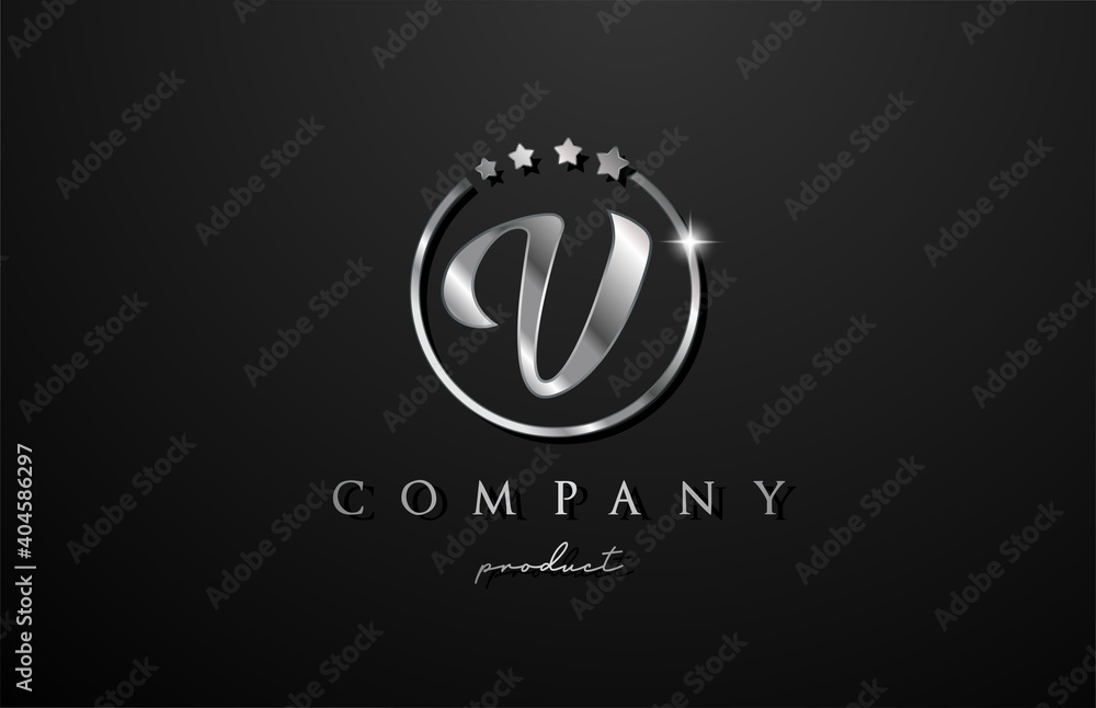 V silver metal alphabet letter logo for company and corporate in grey color. Metallic star design with circle. Can be used for a luxury brand
