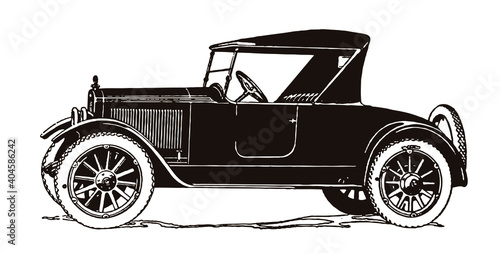 Vintage three-seater roadster car, after antique drawing from early 20c.