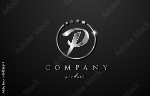 P silver metal alphabet letter logo for company and corporate in grey color. Metallic star design with circle. Can be used for a luxury brand
