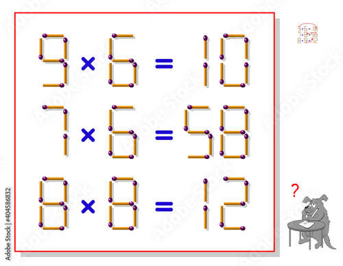 Logic puzzle game with matches. In each task move only 1 matchstick to make equations correct. Math tasks on multiplication. Page for brain teaser book. Play online. Memory training for seniors.