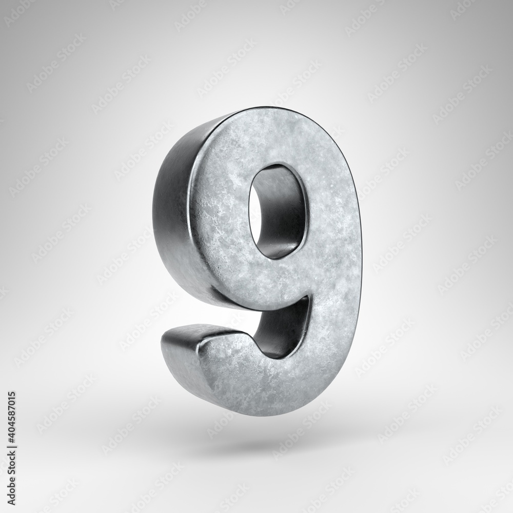 Number 9 on white background. Gun metal 3D rendered number with rough metal texture. Number 9 on white background. Gun metal 3D rendered number with rough metal texture.