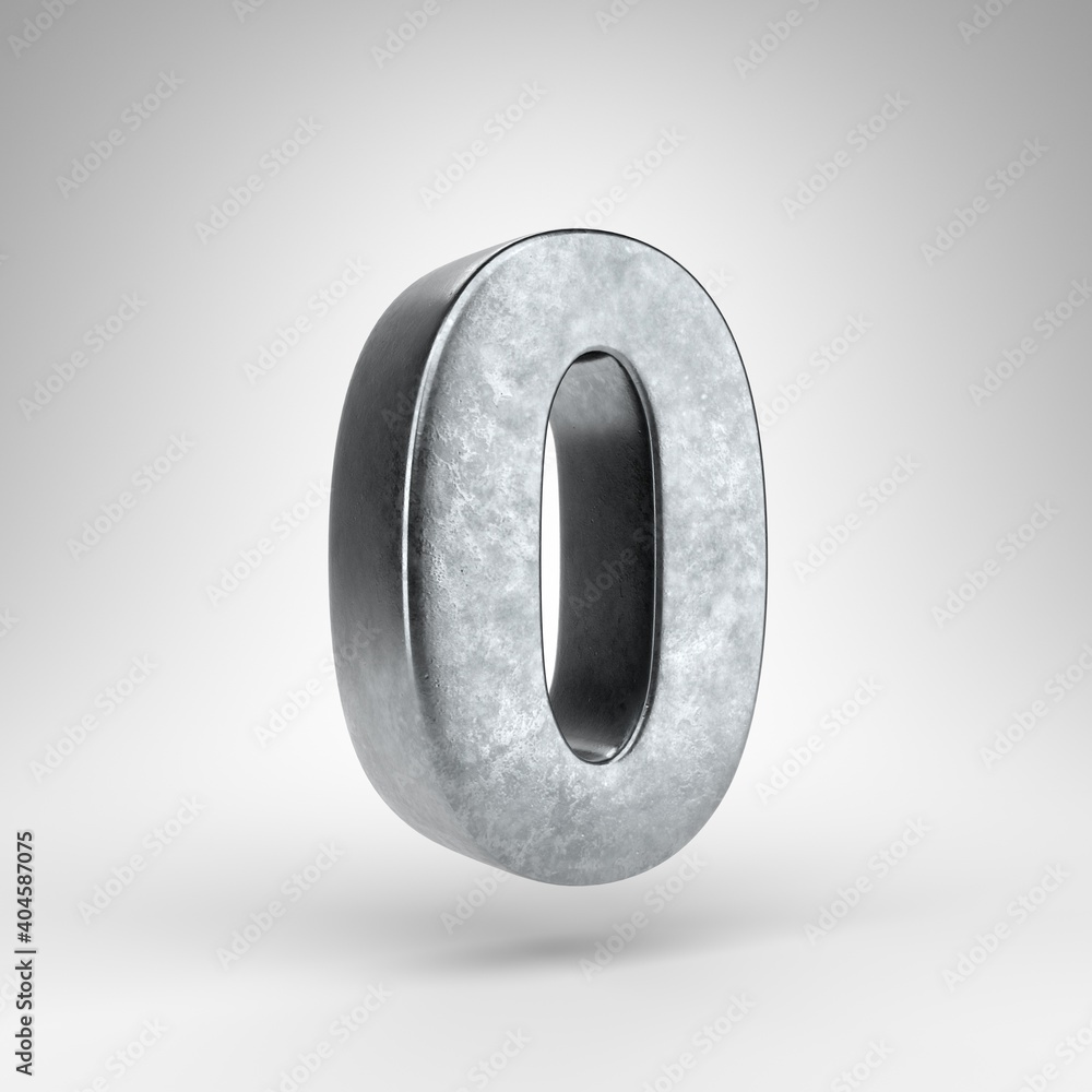 Number 0 on white background. Gun metal 3D rendered number with rough metal texture. Number 0 on white background. Gun metal 3D rendered number with rough metal texture.