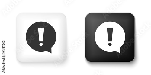 Black and white Exclamation mark in circle icon isolated on white background. Hazard warning symbol. Square button. Vector.