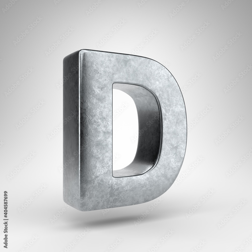 Letter D uppercase on white background. Gun metal 3D rendered font with ...