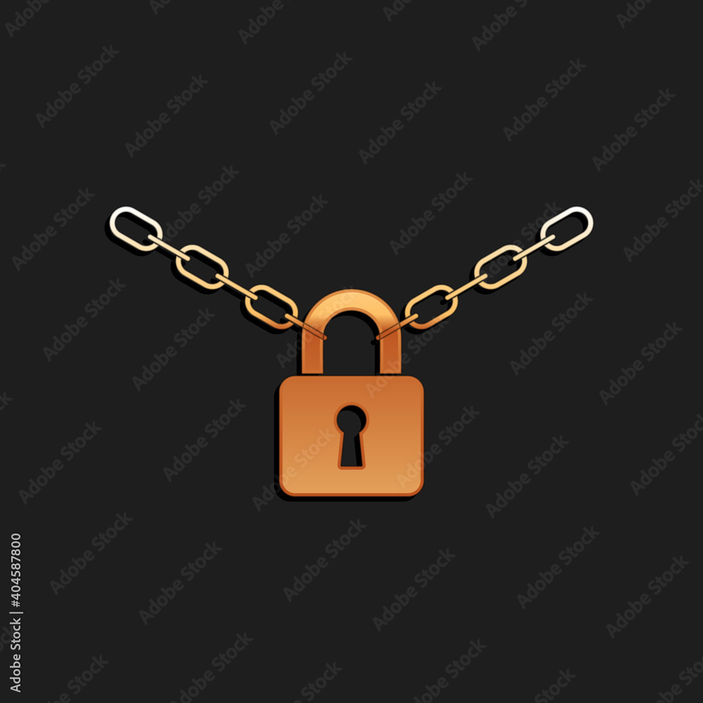 Gold Metal chain and lock icon isolated on black background. Padlock and steel chain. Long shadow style. Vector. Gold Metal chain and lock icon isolated on black background. Padlock and steel chain. Long shadow style. Vector.