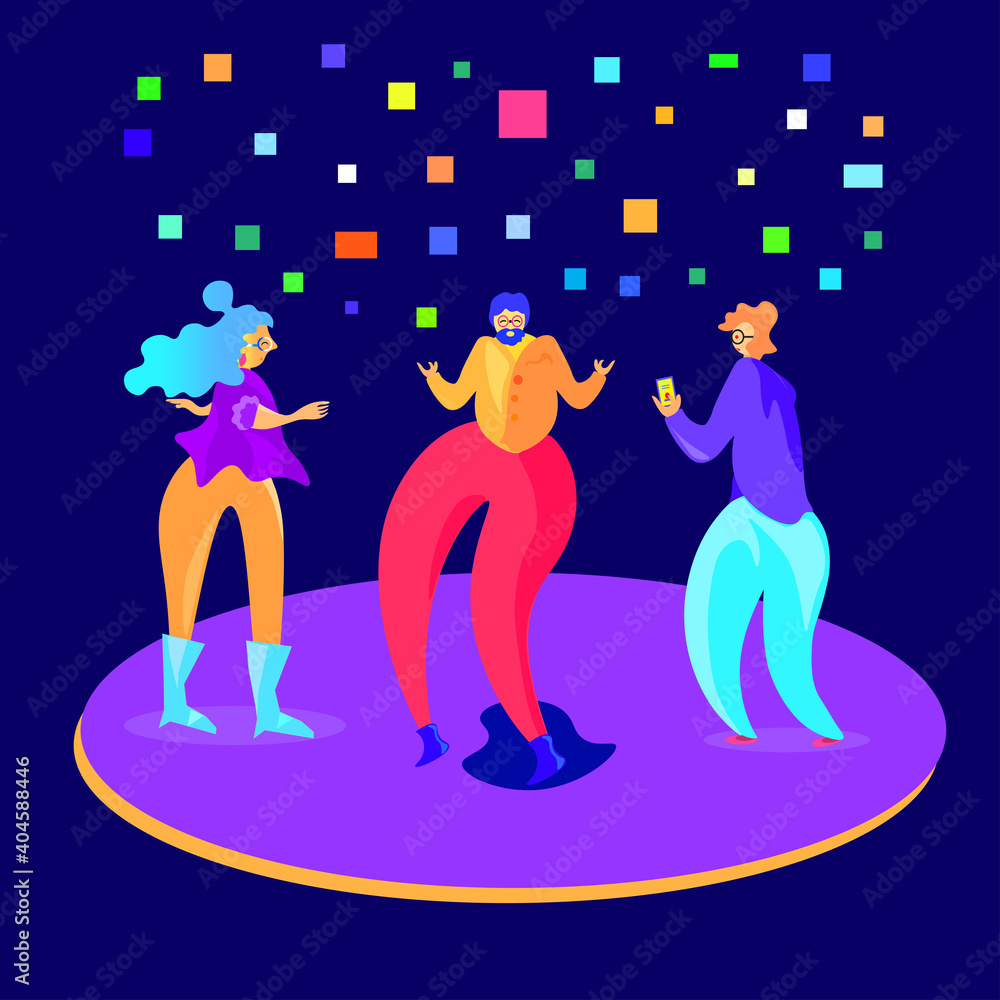 Illustration of young man in the party moment with dancing and disco movement. UI element, apps element, web element. 