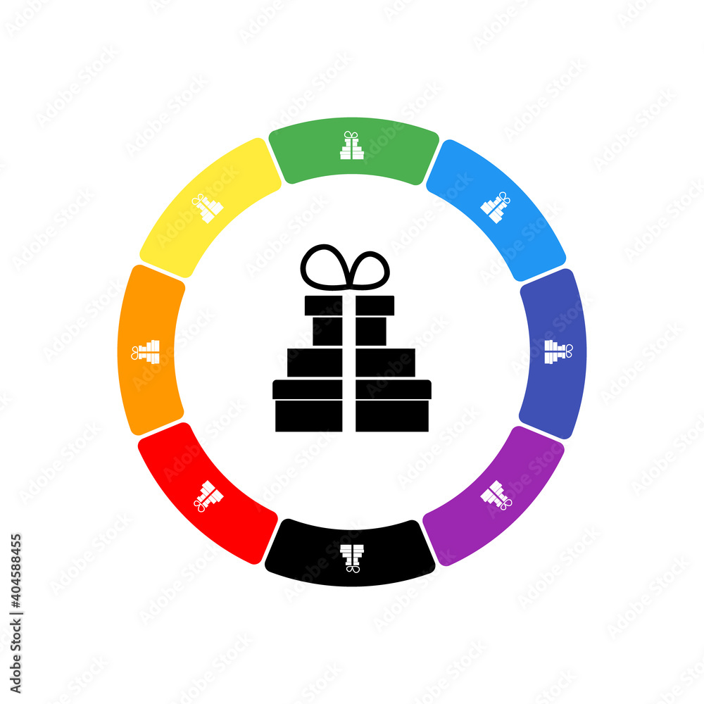 Naklejka premium A large black set of gifts in the center, surrounded by eight white symbols on a colored background. Background of seven rainbow colors and black. Vector illustration on white background
