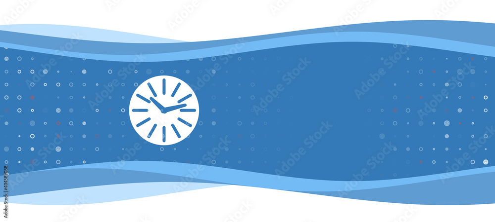 Blue wavy banner with a white clock symbol on the left. On the background there are small white shapes, some are highlighted in red. There is an empty space for text on the right side Blue wavy banner with a white clock symbol on the left. On the background there are small white shapes, some are highlighted in red. There is an empty space for text on the right side