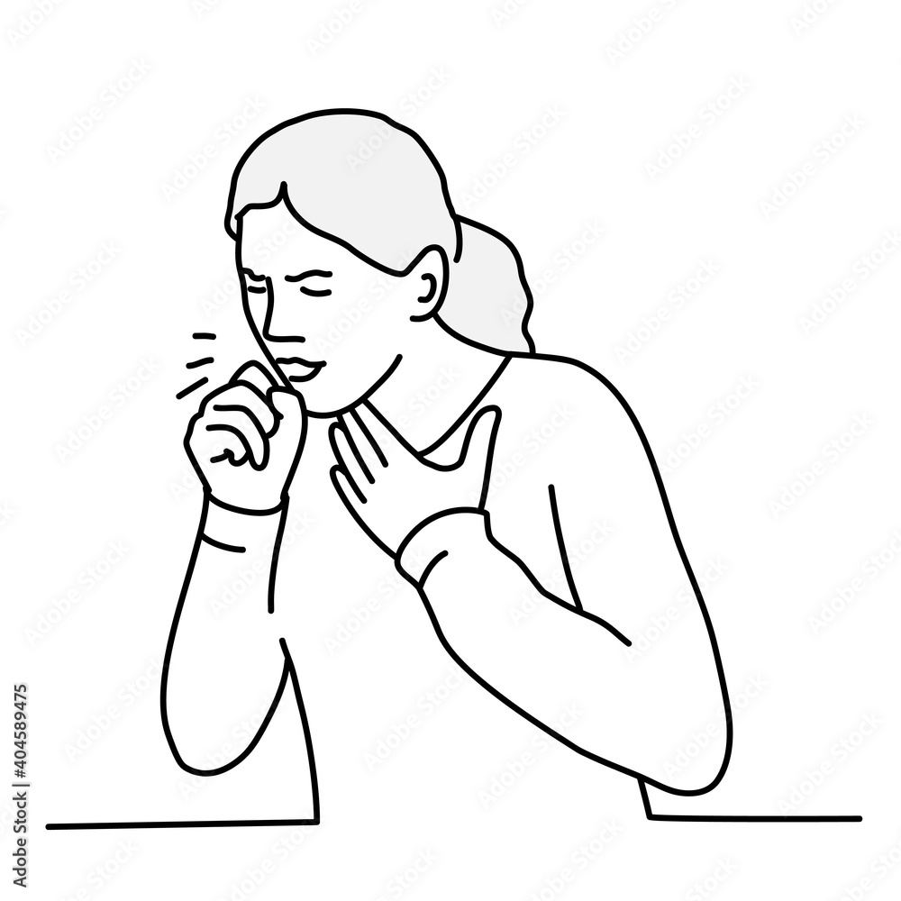 Young woman coughing with fist in front of mouth. 