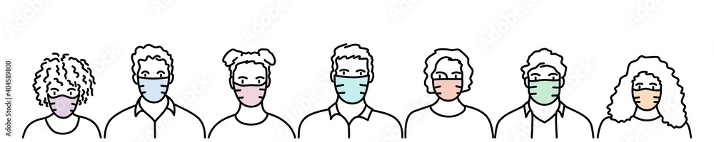 Young women and men with protective masks to protect themselves from the coronavirus epidemic.
