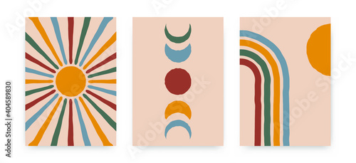 Abstract sun moon posters. Contemporary backgrounds, boho covers for kids. Mid century wall decor, vector art print