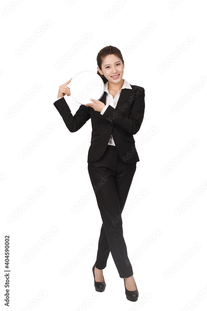 A happy young Business woman holding clock A happy young Business woman holding clock
