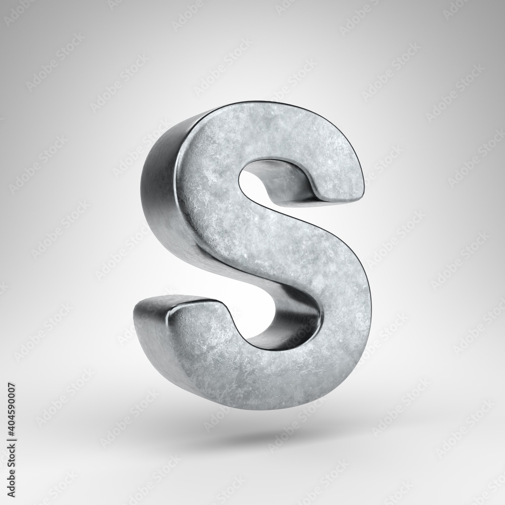 Letter S uppercase on white background. Gun metal 3D rendered font with rough metal texture. Letter S uppercase on white background. Gun metal 3D rendered font with rough metal texture.