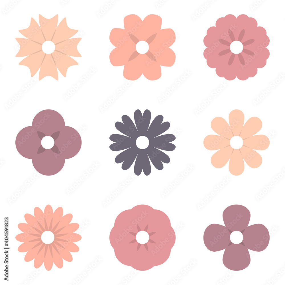 Flower vector icons. Flowers pastel color in flat design. Vector illustration