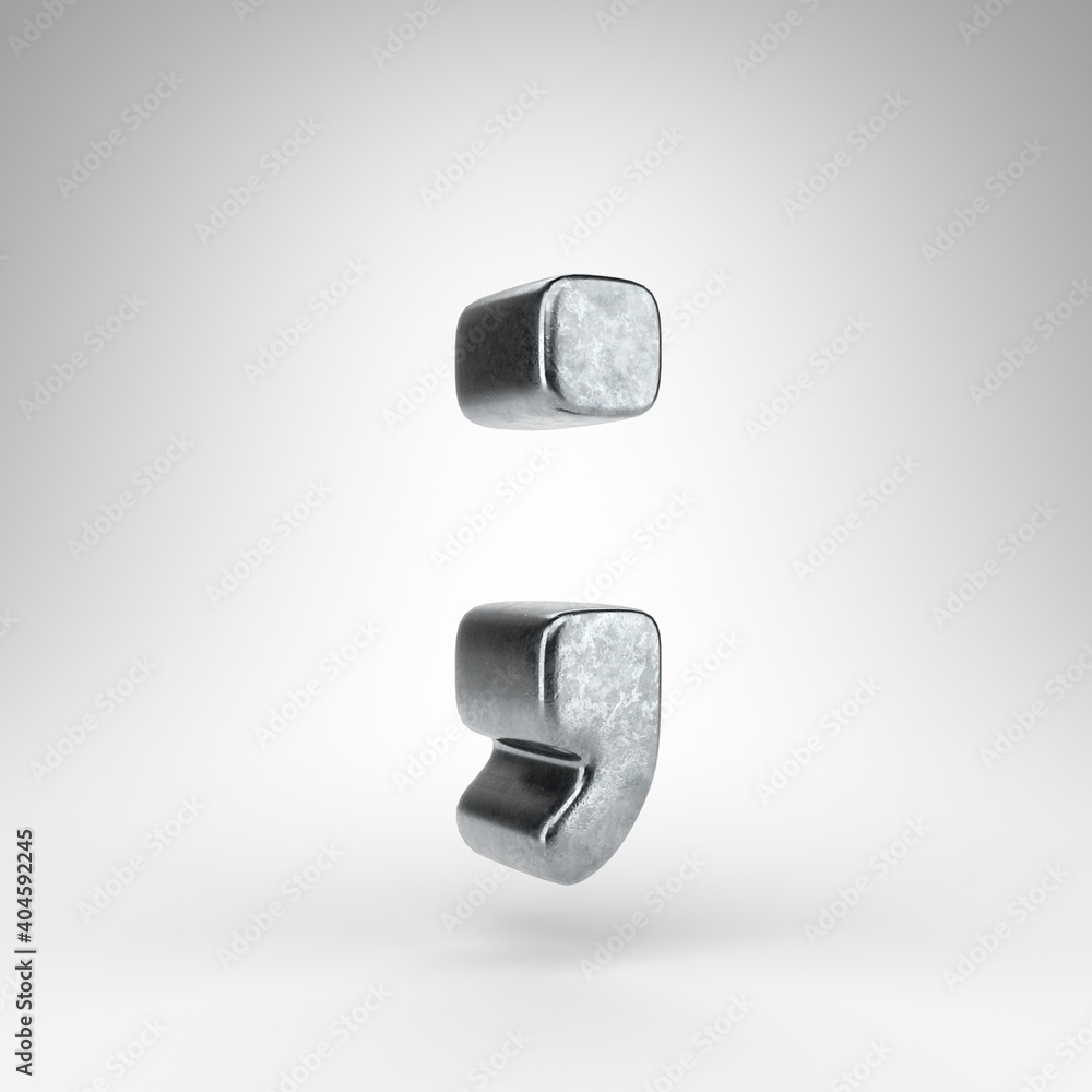 Semicolon symbol on white background. Gun metal 3D rendered sign with rough metal texture. Semicolon symbol on white background. Gun metal 3D rendered sign with rough metal texture.