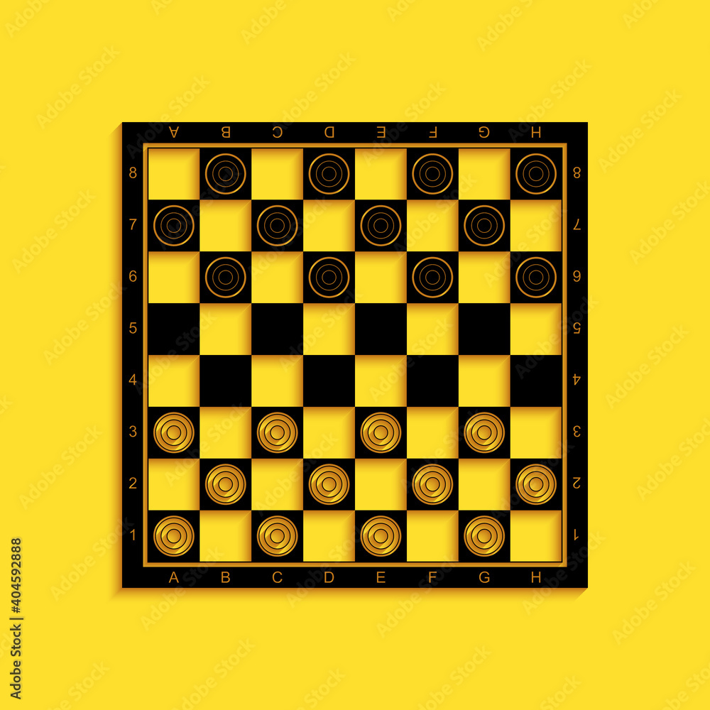 Black Board game of checkers icon isolated on yellow background. Ancient Intellectual board game. Chess board. White and black chips. Long shadow style. Vector. Black Board game of checkers icon isolated on yellow background. Ancient Intellectual board game. Chess board. White and black chips. Long shadow style. Vector.