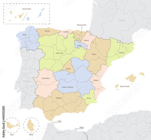 Detailed vector map of Spain with administrative divisions into autonomous communities and islands, vector illustration with the location of the country in Europe