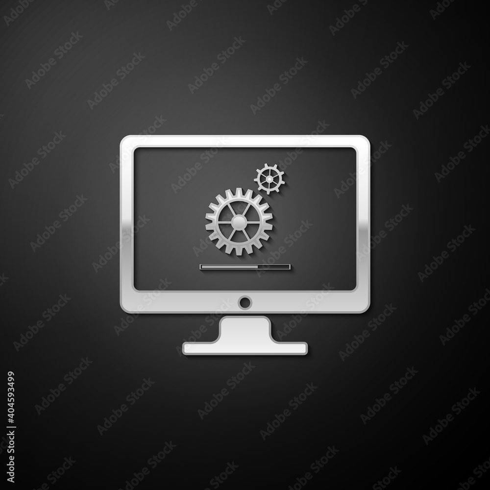 Silver Computer monitor update process with gear progress and loading bar icon isolated on black background. Adjusting, setting, maintenance, repair. Long shadow style. Vector. Silver Computer monitor update process with gear progress and loading bar icon isolated on black background. Adjusting, setting, maintenance, repair. Long shadow style. Vector.