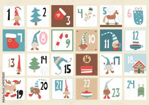 Advent calendar with cite scandinavian gnomes. Vector illustration. Landscape format.