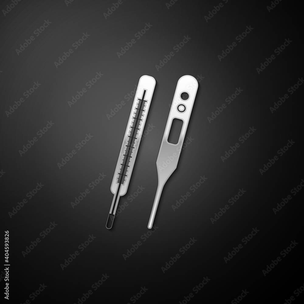 Silver Classic Medical thermometer and digital thermometer for medical examination icon isolated on black background. Long shadow style. Vector. Silver Classic Medical thermometer and digital thermometer for medical examination icon isolated on black background. Long shadow style. Vector.